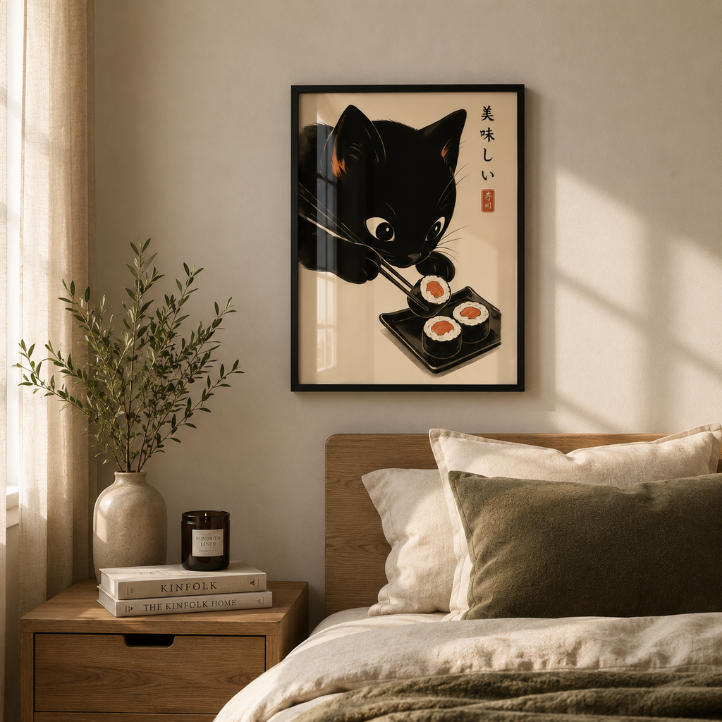 Cuadro Gato Sushi Salmon Ilustración