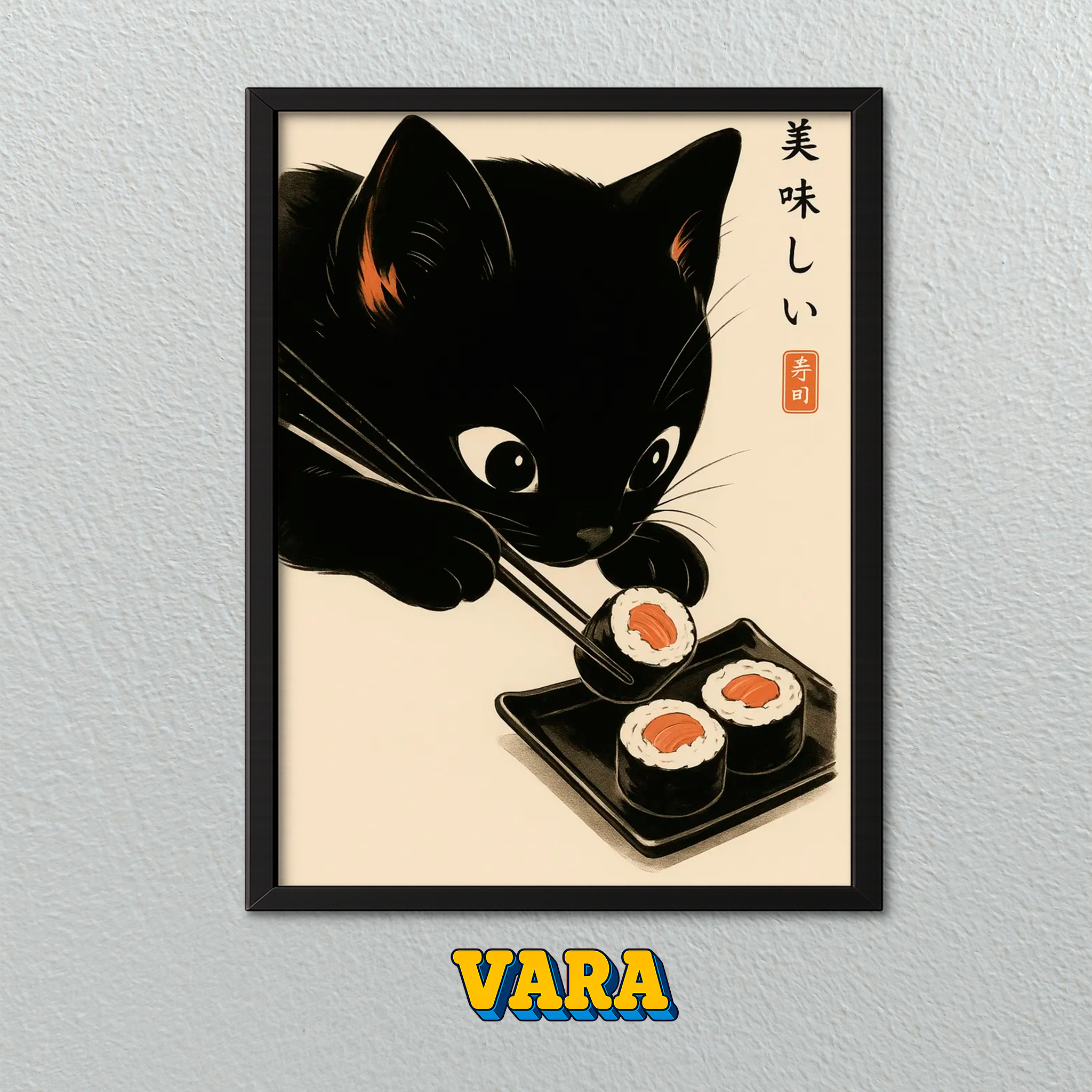 Cuadro Gato Sushi Salmon Ilustración